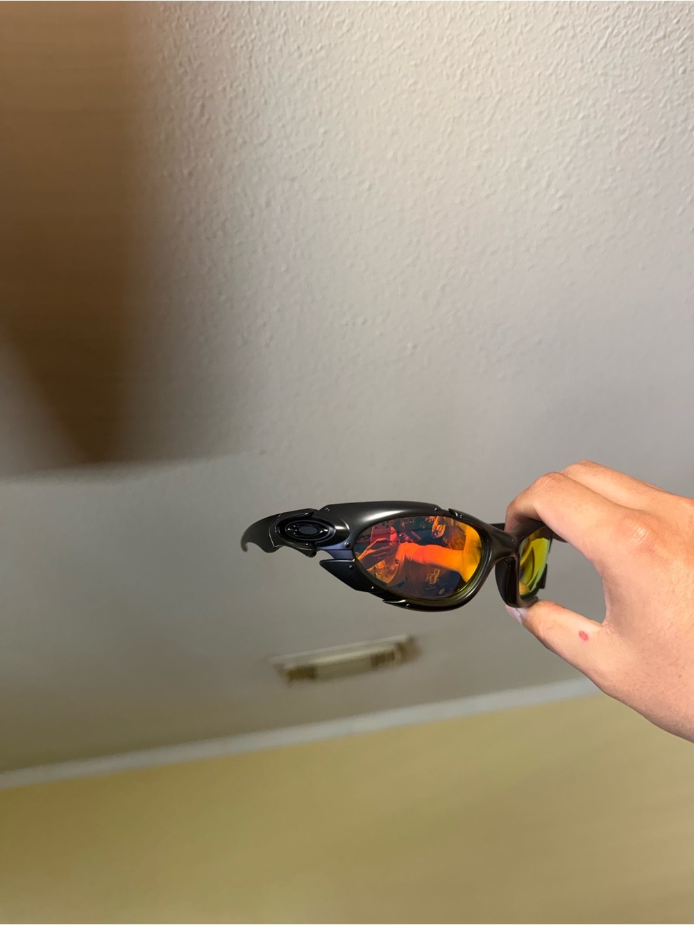 Oakley-style Black Sunglasses with Red-Orange Mirrored Lenses